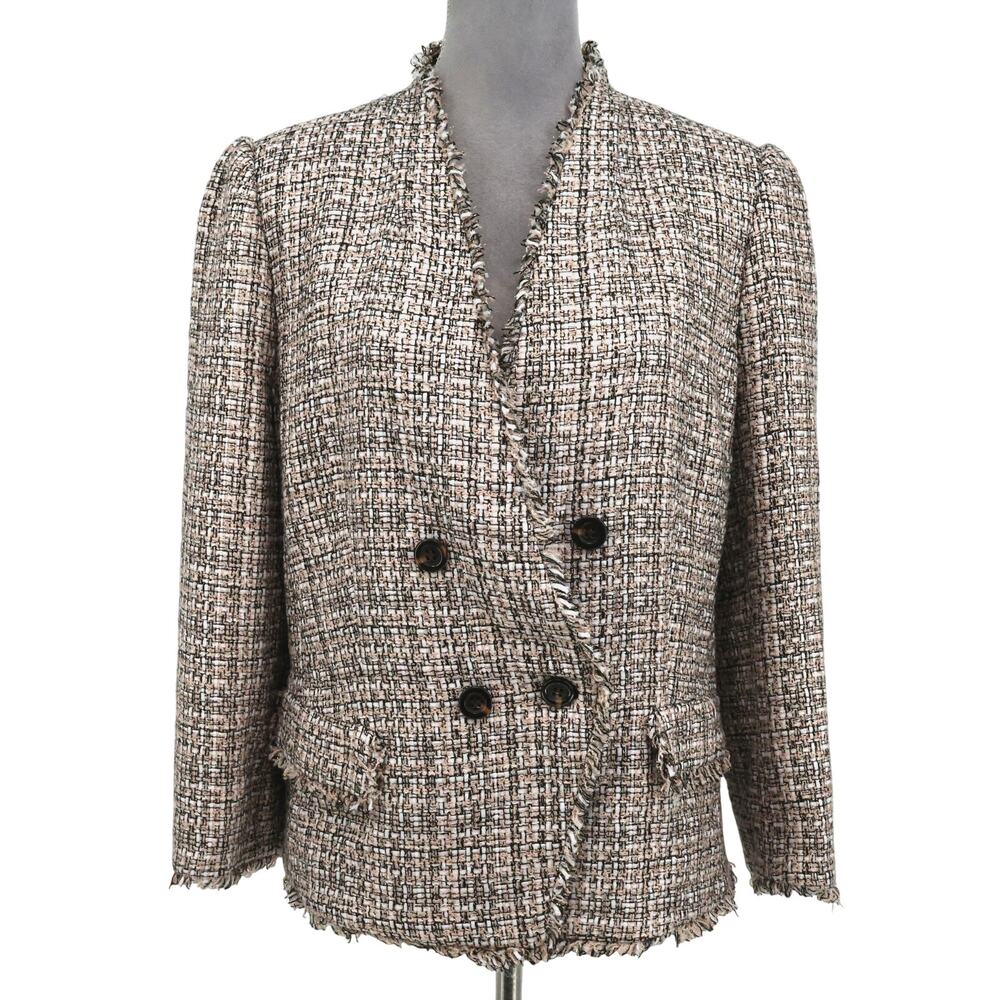 Ann Taylor Jacket Womens 16 Beige Ivory Double Breasted Fringe Lined Blazer